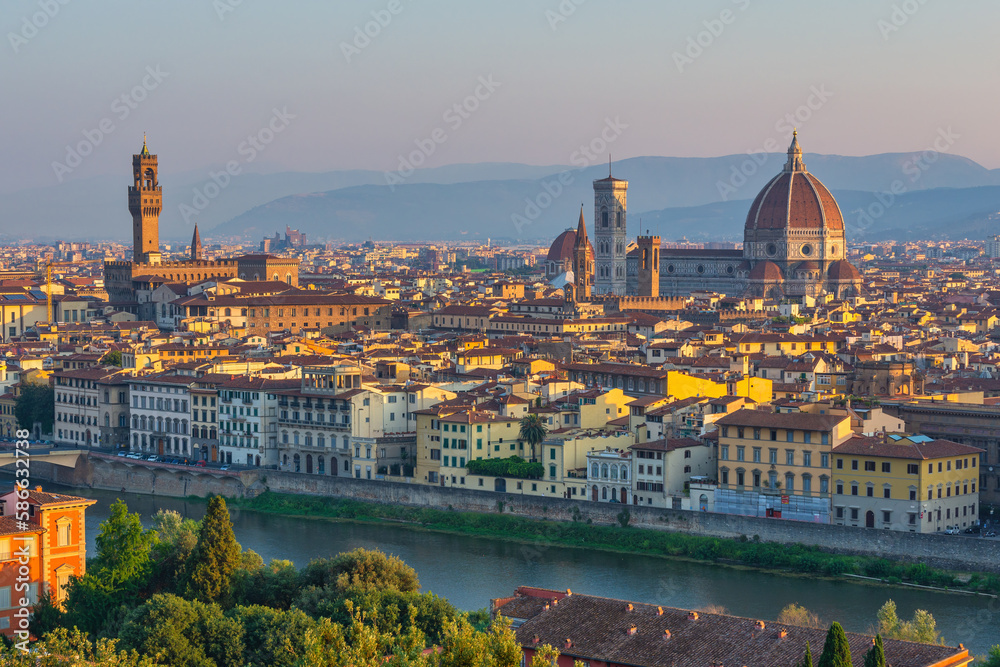 Florence Italy, city skyline at Florence Duomo Santa Maria del Fiore Cathedral and Arno River, Tuscany Italy