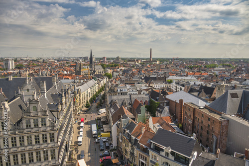 Ghent Belgium, high angle view city skyline at Saint Bavo's Cathedral