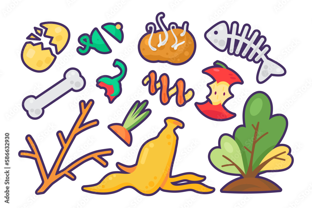 Fototapeta premium Set of organic food waste, meal leftovers. Household waste disposal. Egg shells, vegetable and fruit peelings, meat scraps and bones. Cartoon vector icons in stroke isolated on white background