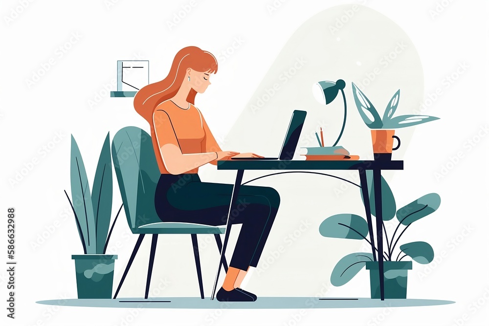 vector image of a woman works behind a laptop, vector, flat design style, character, cartoon, office worker, employee, cute concept vector illustration in flat style. generative ai