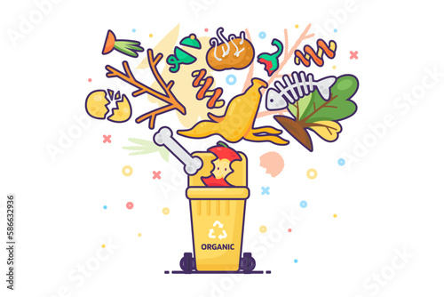 Bunch of old unwanted Food Leftovers fall into open trash can. Heap of old vegetables, fruits and compost. Organic pollution problem. Simple cartoon outline vector isolated on white back
