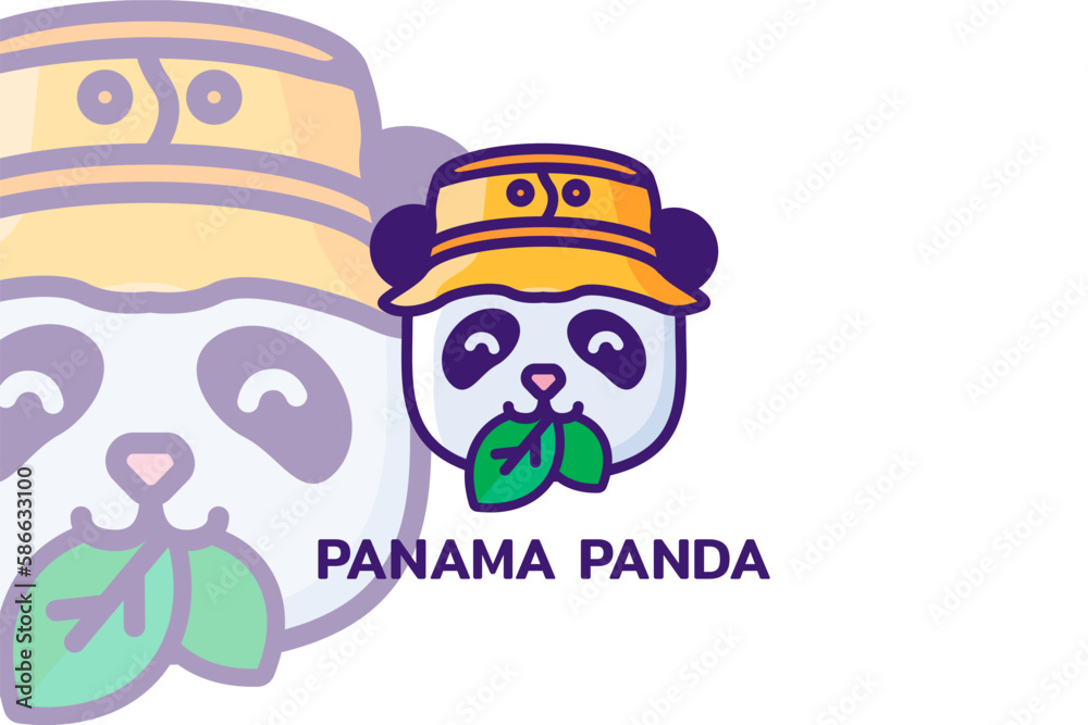Fototapeta premium Logo of cute panda in tourist hat chews juicy leaves. Symbol emblem for design decoration, brand name of Travel Company. Vector in thick stroke isolated on white background