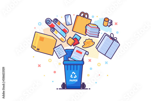 Bunch of old unwanted Paper Cardboard Items fall into open trash can. Heap of old books, newspapers, boxes, packages. Paper pollution problem. Simple cartoon outline vector isolated on white back