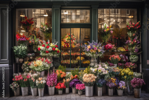 Flower shop storefront, with beautiful bouquets of flowers on display in the window