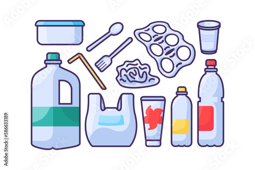 Set of Unwanted Plastic Objects. Items out of use and subject to disposal. Recycling of Plastic and polyethylene industrial products. Simple cartoon outline vector isolated on white background