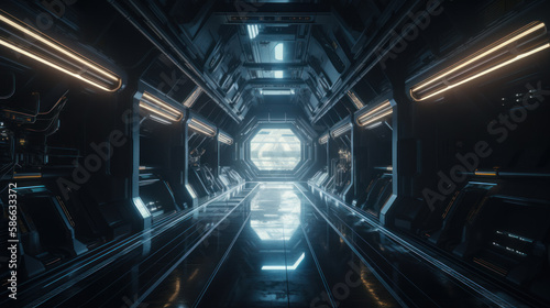 Fototapeta Naklejka Na Ścianę i Meble -  Sci-Fi metallic corridor background illuminated  3d render spaceship shuttle