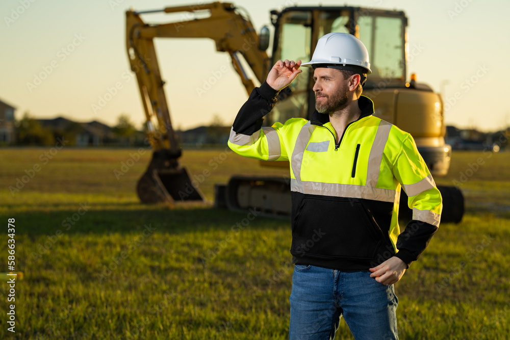 Worker at construction site. Builder in hardhat. Construction man with helmet. Worker at construction with helmet. Industry worker at construction building. Builder at site building with excavator. Worker at construction site. Builder in hardhat. Construction man with helmet. Worker at construction with helmet. Industry worker at construction building. Builder at site building with excavator.