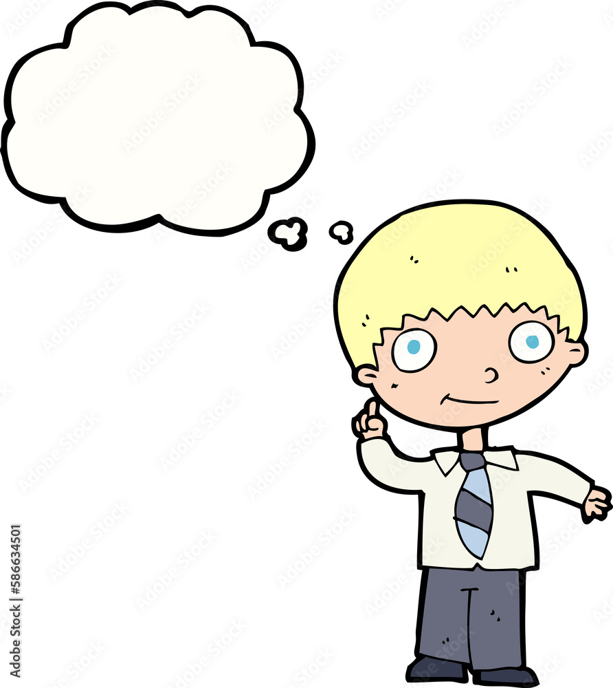 cartoon school boy with idea with thought bubble cartoon school boy with idea with thought bubble