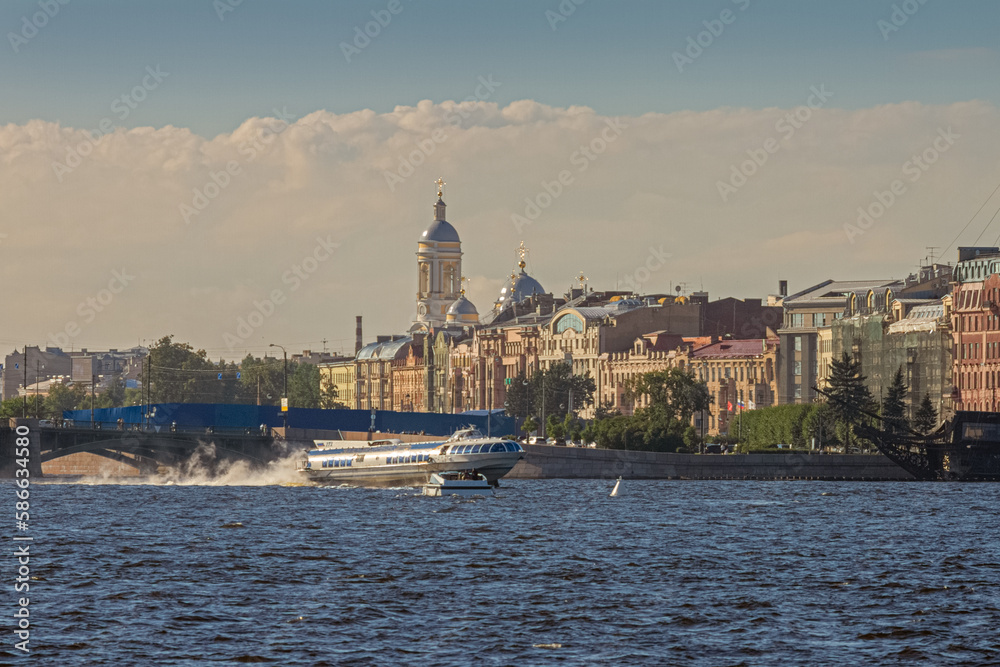 River Neva with ship meteor and St. Petersburg in summer day