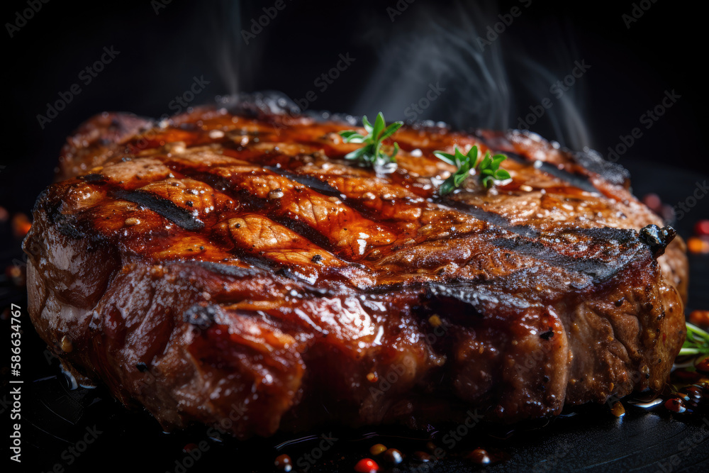 A close-up of a sizzling steak, with the juices A close-up of a sizzling steak, with the juices