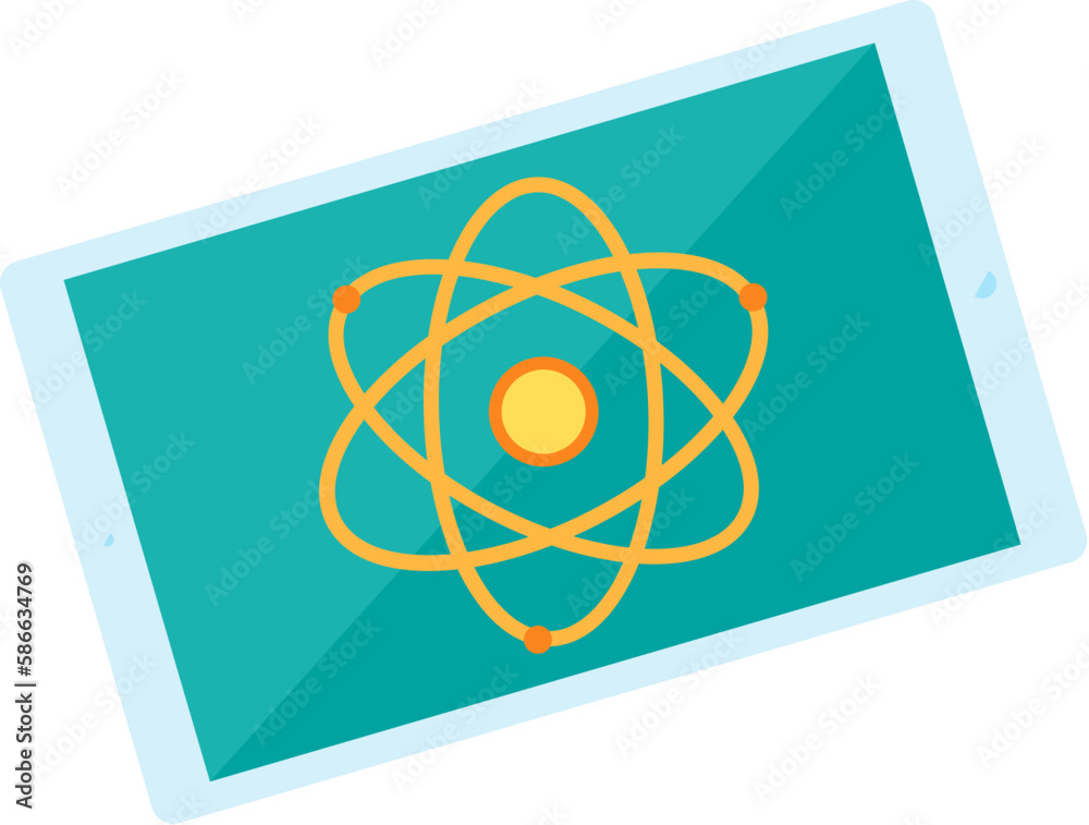 School tablet with atom symbol on screen. Study of physics, chemistry, structure of matter and materials using modern gadgets, electronic devices. Simple colored flat icon isolated on white back School tablet with atom symbol on screen. Study of physics, chemistry, structure of matter and materials using modern gadgets, electronic devices. Simple colored flat icon isolated on white back