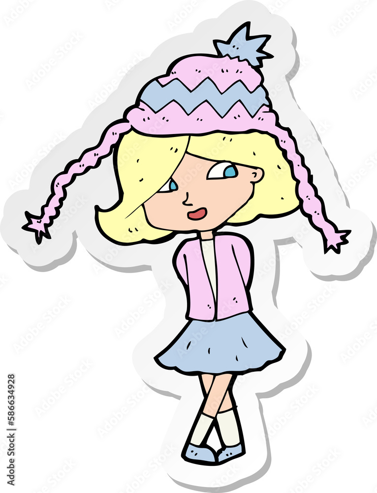 sticker of a cartoon happy girl wearing hat sticker of a cartoon happy girl wearing hat