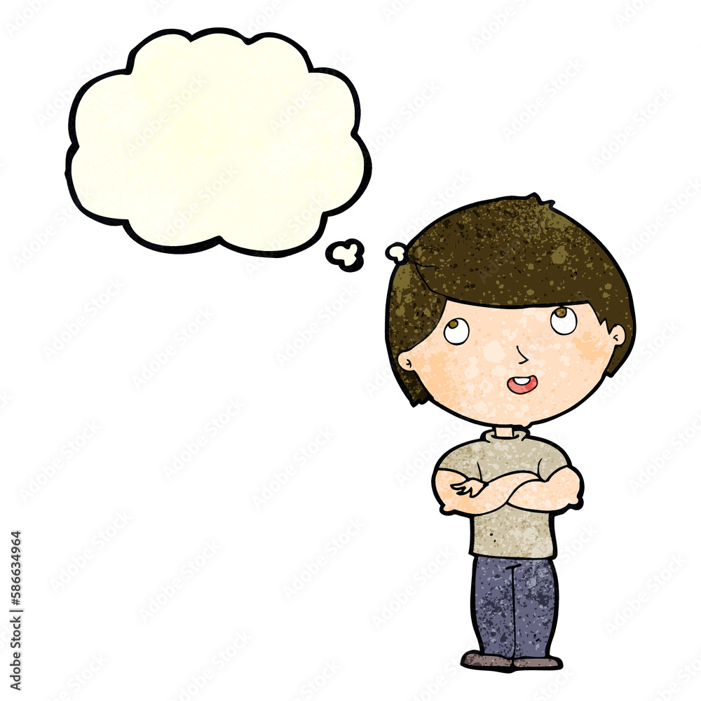 cartoon happy man with folded arm with thought bubble cartoon happy man with folded arm with thought bubble