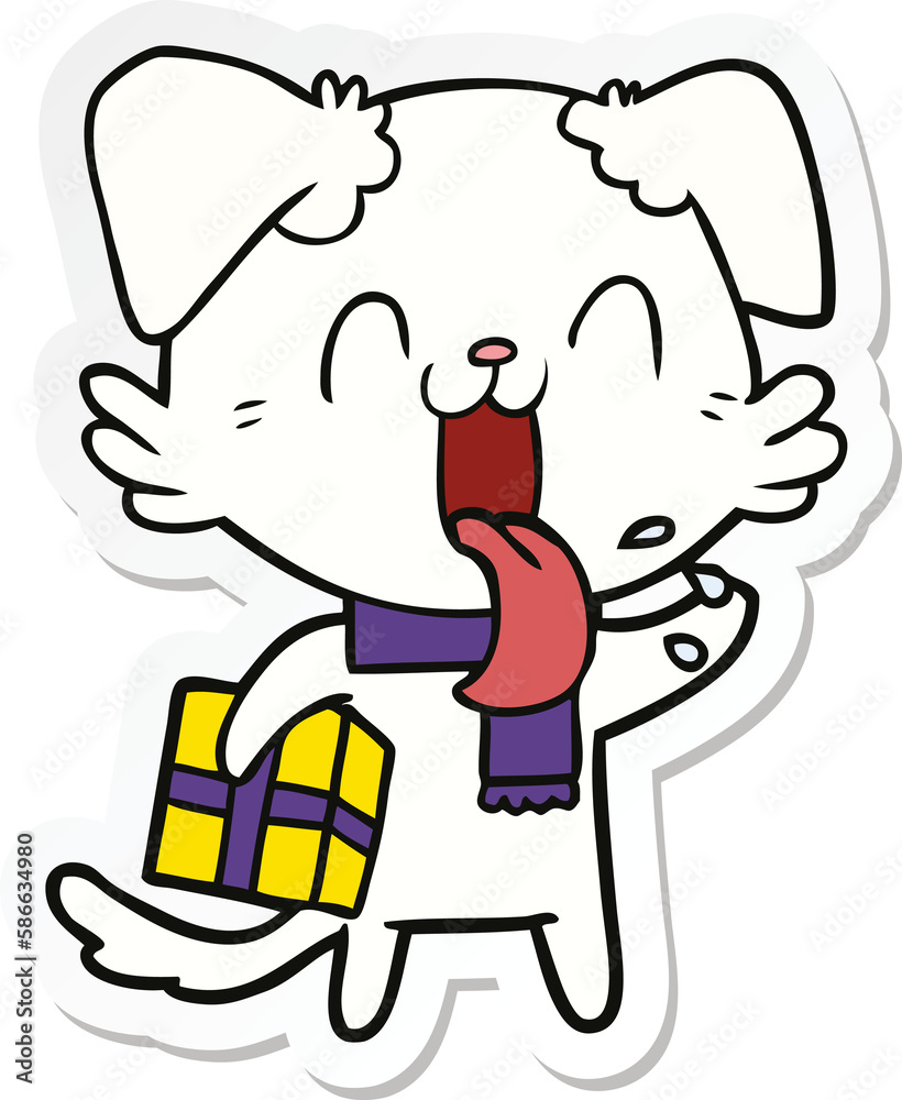 sticker of a cartoon panting dog with present
