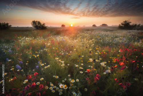 Sunrise over a vast, sprawling field of wildflowers