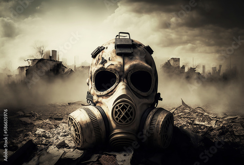 Gas mask in chaotic end times setting. Generative AI.