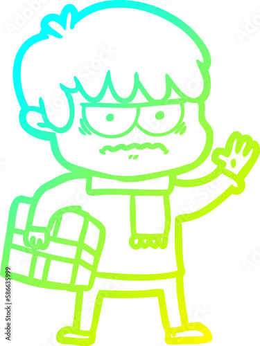 cold gradient line drawing annoyed cartoon boy