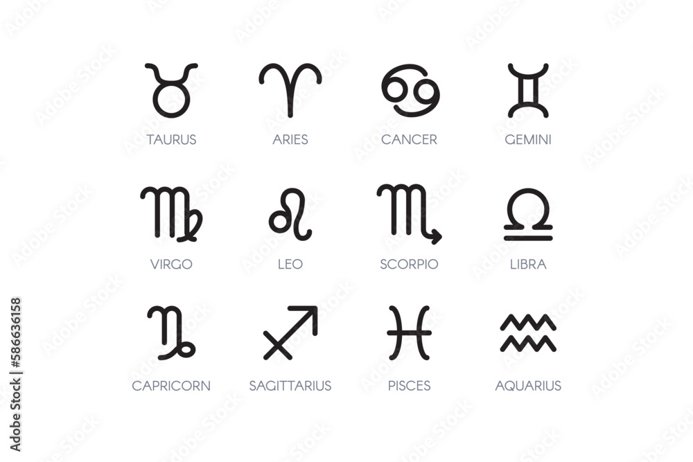 Astrological Zodiac Sign linear style set. Fortune telling, drawing up future astrological forecast. Simple black and white line vector symbols collection isolated on white background Astrological Zodiac Sign linear style set. Fortune telling, drawing up future astrological forecast. Simple black and white line vector symbols collection isolated on white background