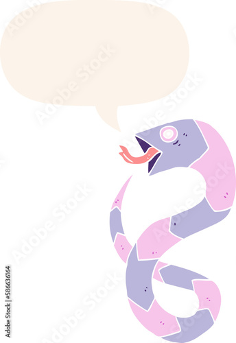 hissing cartoon snake and speech bubble in retro style