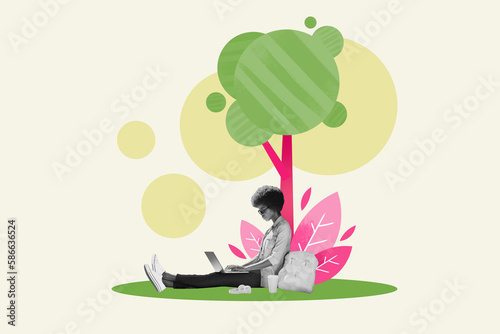 Photo collage of young student girl sitting green park drawing under painted tree freelance remote distance nomad work concept