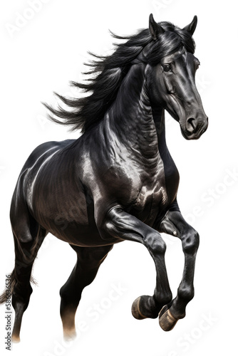 an equestrian-themed photographic illustration of a black stallion horse rearing and running on a transparent background in PNG. T-shirt design. Generative AI