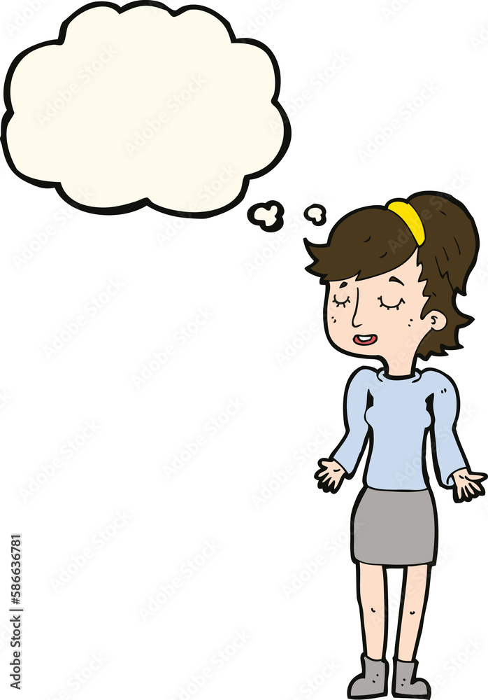 cartoon woman shrugging shoulders with thought bubble cartoon woman shrugging shoulders with thought bubble