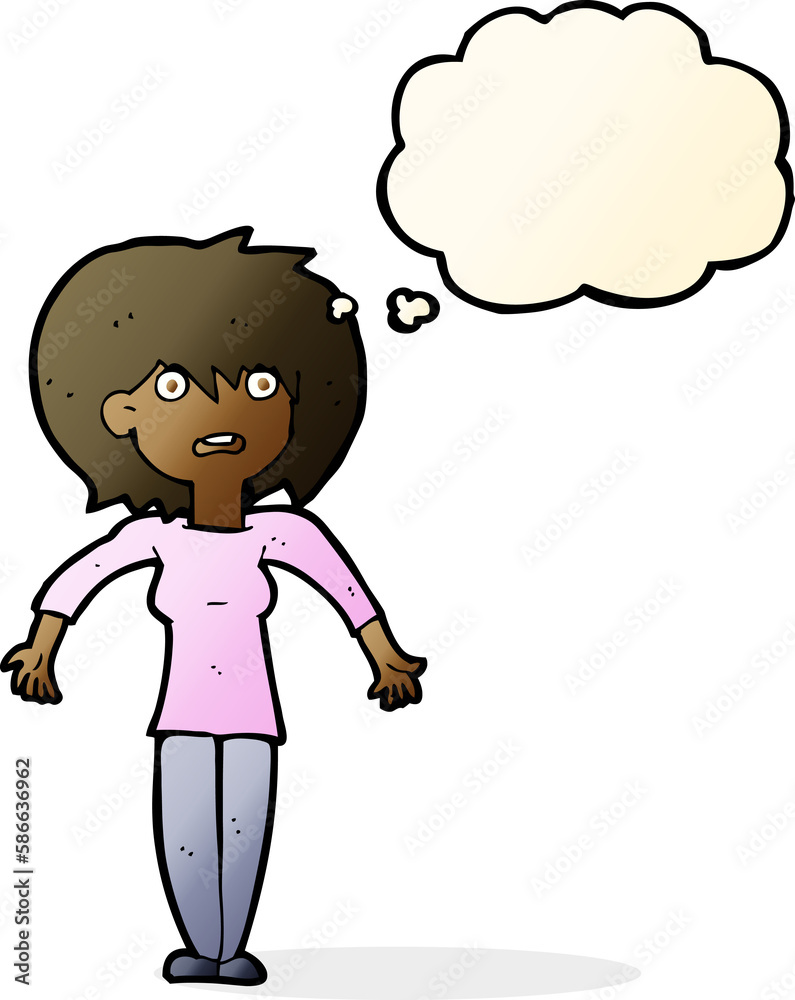cartoon woman shrugging shoulders with thought bubble