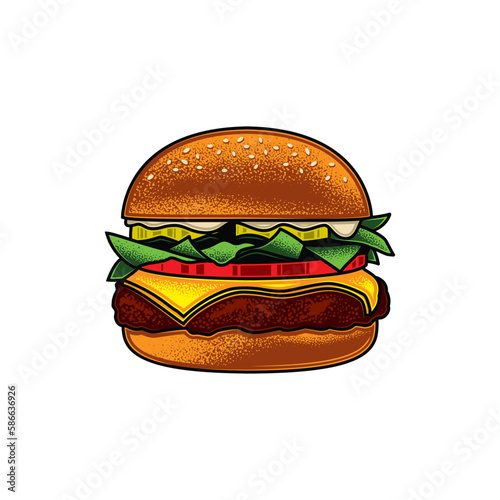 Original vector illustration of Burger with cutlet, tomatoes and greens in vintage style. T-shirt design, design element.