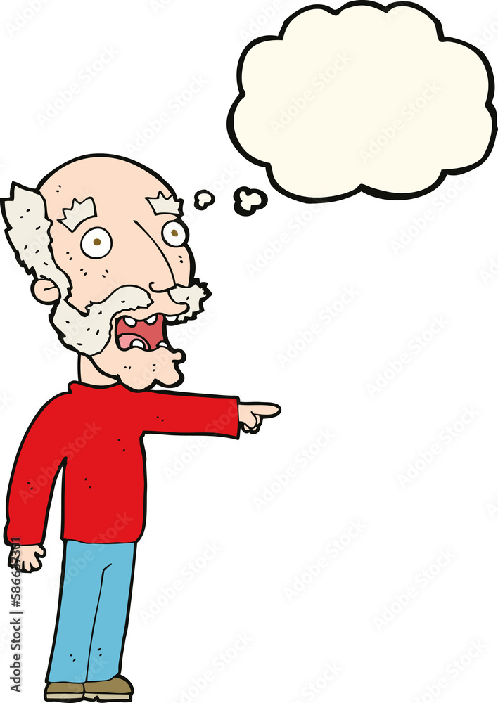 cartoon scared old man pointing with thought bubble cartoon scared old man pointing with thought bubble