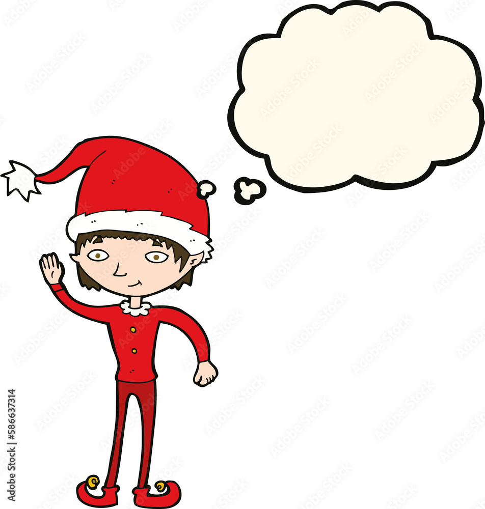 cartoon waving christmas elf with thought bubble