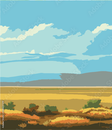 Steppe. Eco vertical landscape. A plain overgrown with grassy vegetation. Steppe vertical landscape illustration.