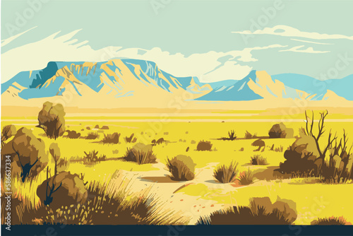 Steppe. Eco landscape. A plain overgrown with grassy vegetation. Steppe landscape illustration.