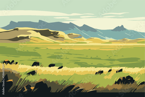 Steppe. Eco landscape. A plain overgrown with grassy vegetation. Steppe landscape illustration.