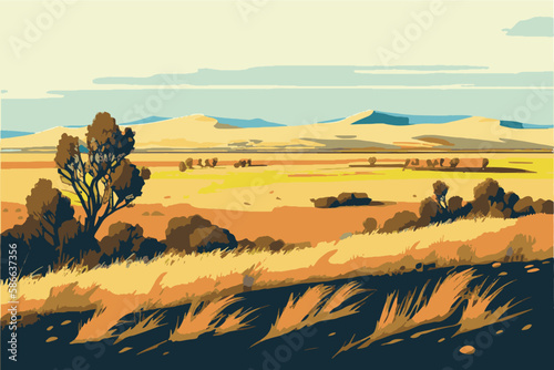 Steppe. Eco landscape. A plain overgrown with grassy vegetation. Steppe landscape illustration.