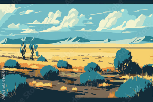 Steppe. Eco landscape. A plain overgrown with grassy vegetation. Steppe landscape illustration.