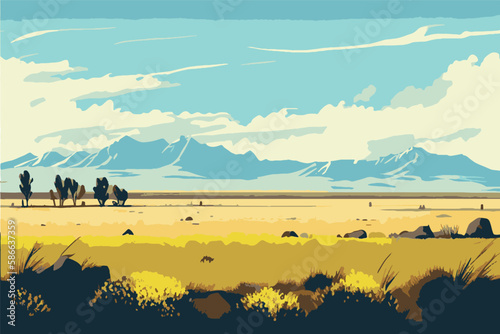 Steppe. Eco landscape. A plain overgrown with grassy vegetation. Steppe landscape illustration.