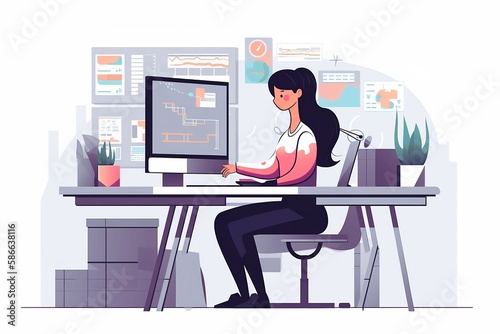 vector image of a woman working as a project manager, vector, flat design style, character, cartoon, office worker, employee, cute concept vector illustration in flat style. generative ai