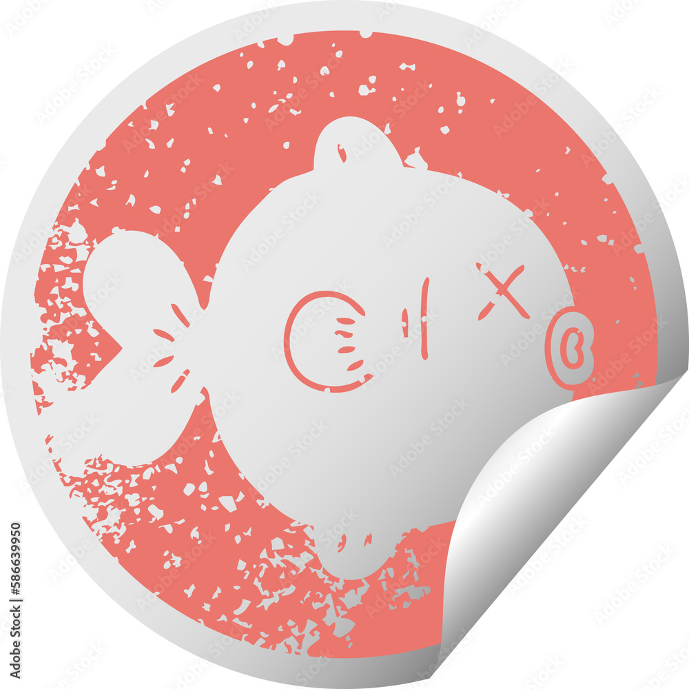 quirky distressed circular peeling sticker symbol fish quirky distressed circular peeling sticker symbol fish