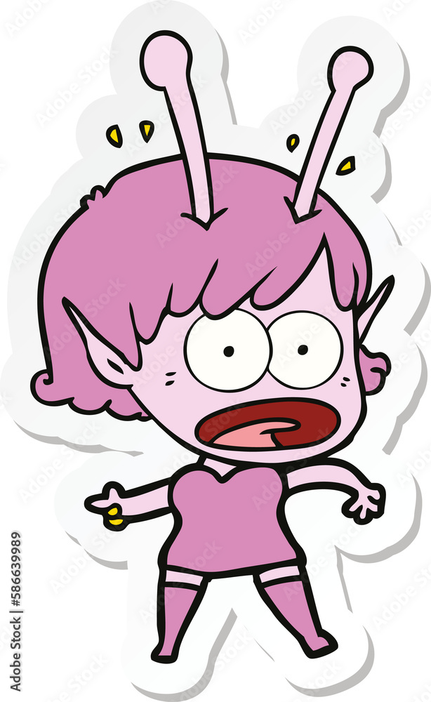 sticker of a cartoon shocked alien girl sticker of a cartoon shocked alien girl