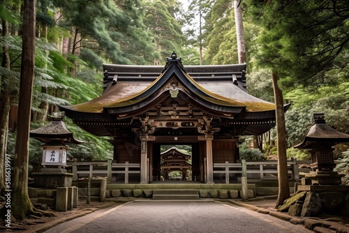 Exploring a Traditional Japanese Shrine: A Mystical Journey Through an Ancient Gate Deep in the Forest: Generative AI