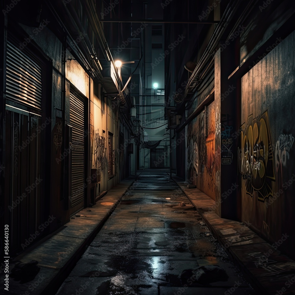 Stepping into the Ancient Cyberpunk Grungy Dirty Alleyway at Night: An Abandoned Dark Room of Urban Architecture. Generative AI
