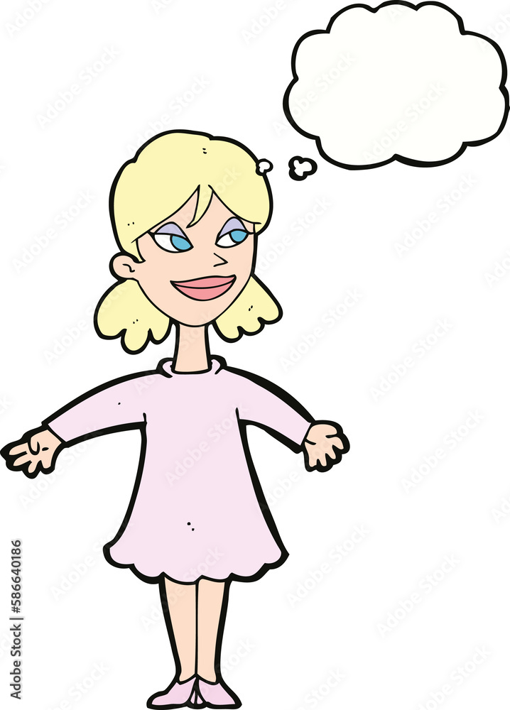 cartoon woman with open arms with thought bubble cartoon woman with open arms with thought bubble