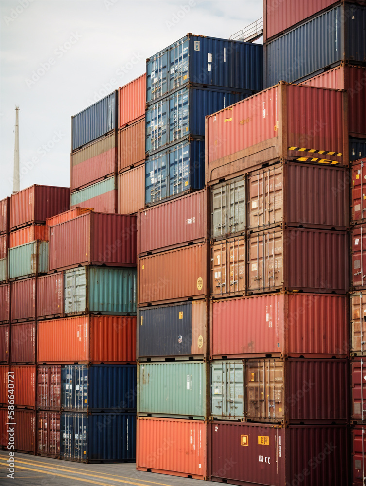 Stack of containers cargo ship in harbor port, international global shipping, business commercial dock and transportation. Generative AI Stack of containers cargo ship in harbor port, international global shipping, business commercial dock and transportation. Generative AI