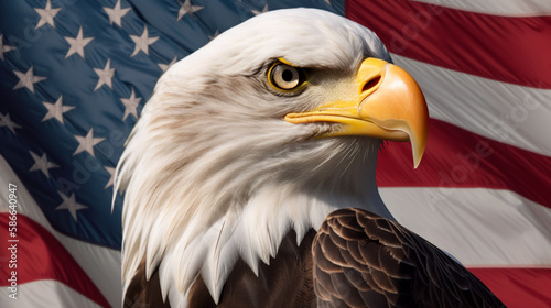 American bald eagle with us flag behind. Generative AI