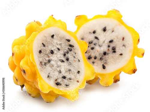 Two cross halves of yellow dragon fruit isolated on white background.