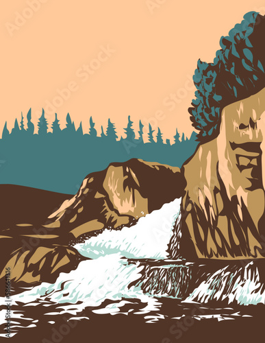 WPA poster art of Cascade River Falls in Pukaskwa National Park located Marathon in Thunder Bay District of northern Ontario, Canada done in works project administration or federal art project style.