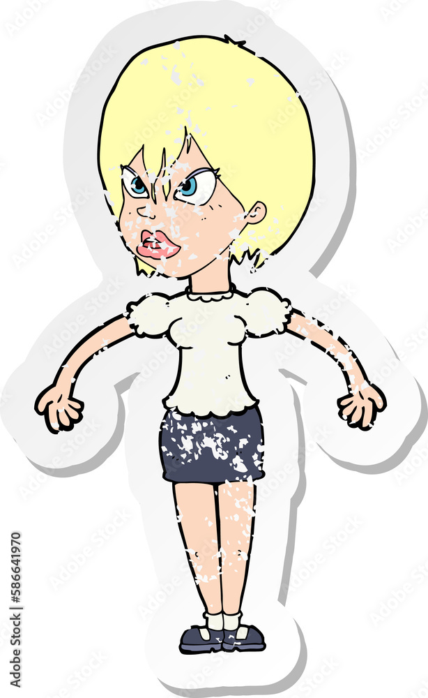 retro distressed sticker of a cartoon annoyed woman retro distressed sticker of a cartoon annoyed woman