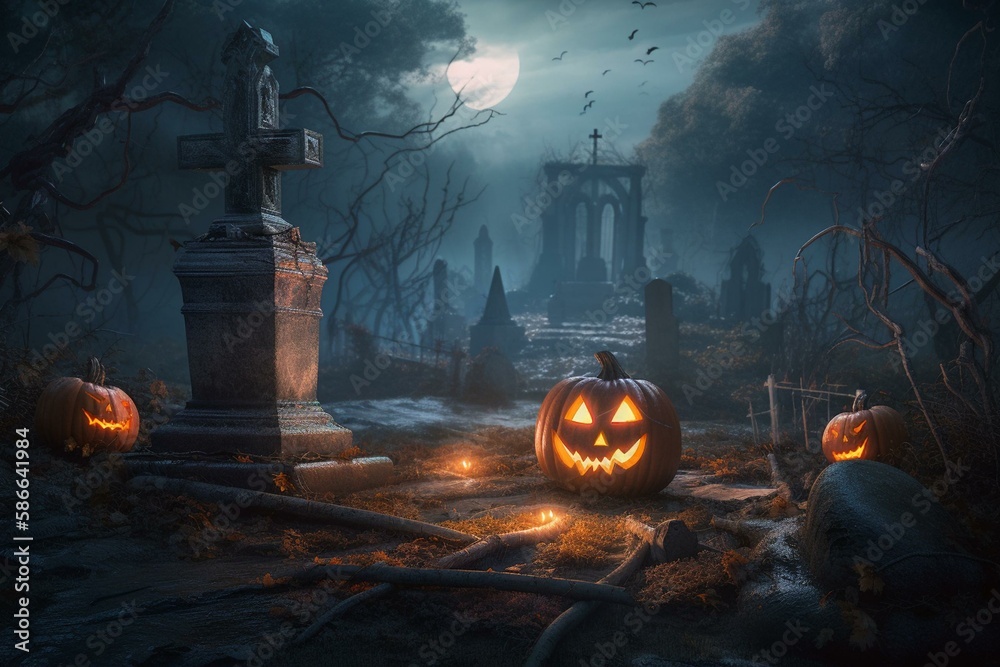 Halloween concept ,Jack o lantern pumpkin in the cemetery night 3d 