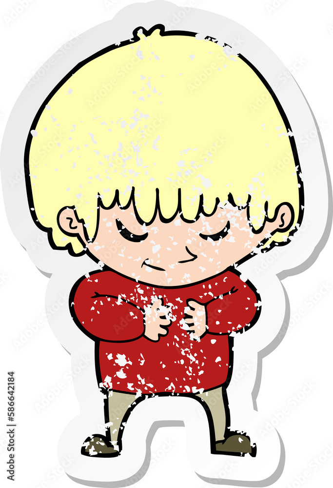 retro distressed sticker of a cartoon shy boy retro distressed sticker of a cartoon shy boy
