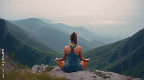 Young woman meditating on the top of mountain. Generative AI